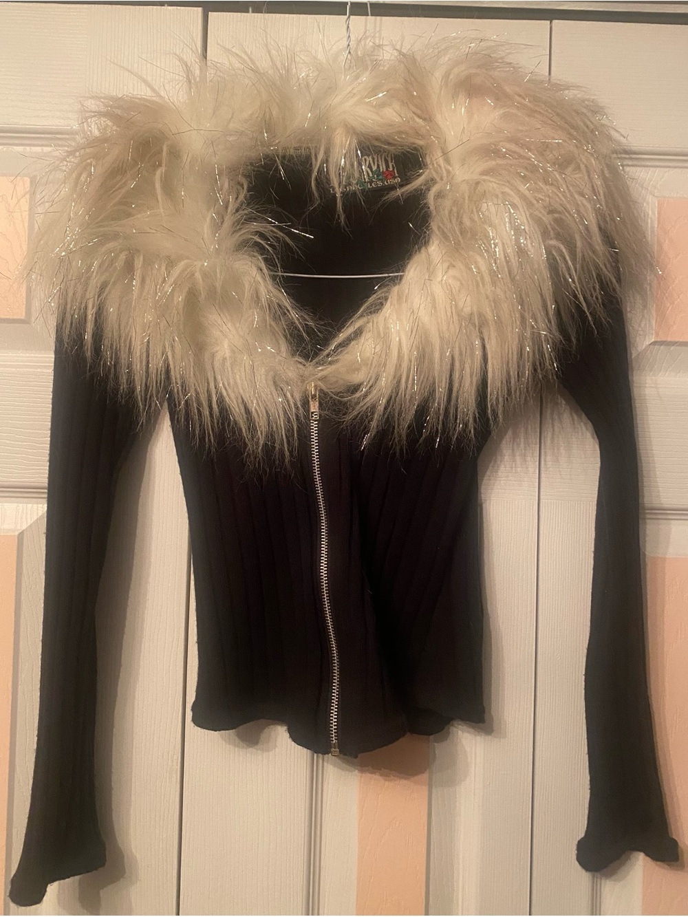 Vintage Y2K Lip Service Black Ribbed Zip Cardigan with with lurex Faux Fur Trim